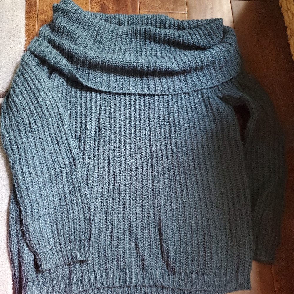 Cozy Off-Shoulder Cowl Neck Sweater - Slate Green